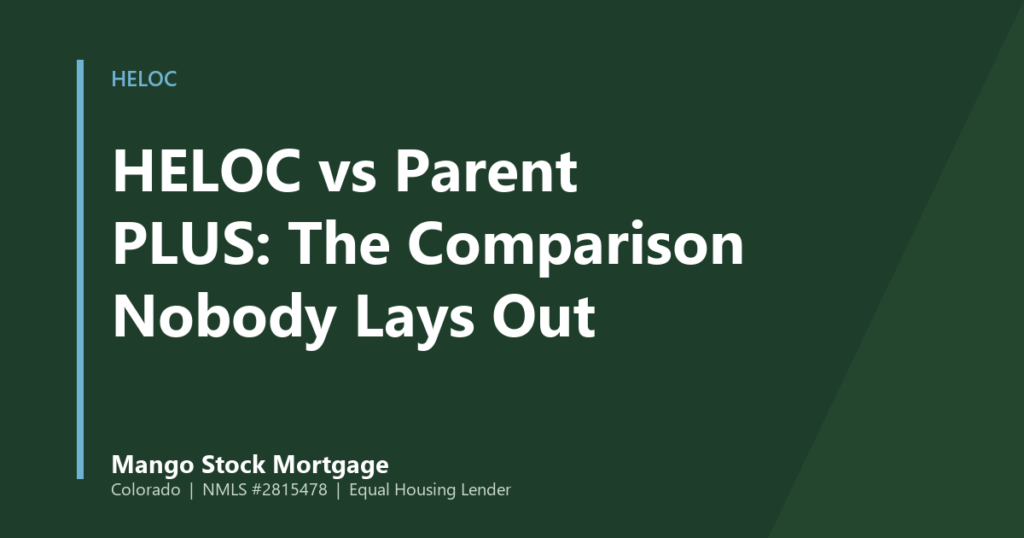 Mango Stock Mortgage banner introducing a comparison of home equity lines and federal parent loans for college costs.