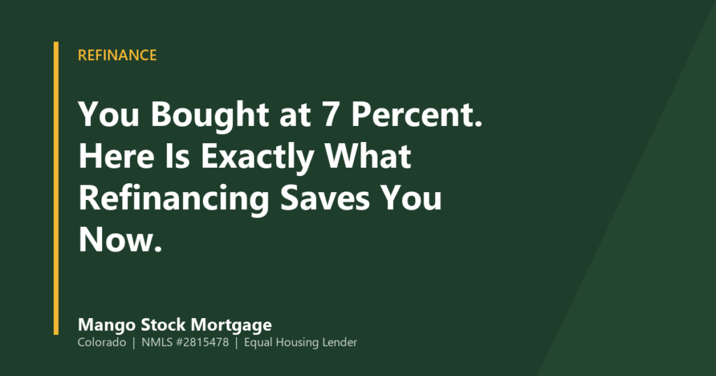 Mango Stock Mortgage banner introducing you Bought at 7 Percent. Here Is Exactly What Refinancing Saves You Now.